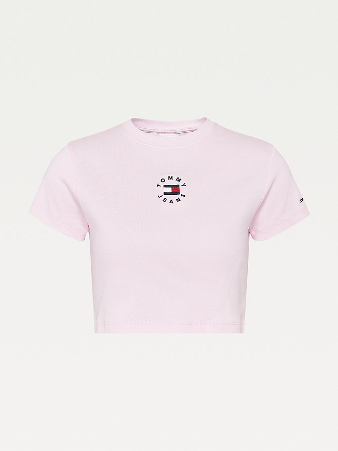 Tommy Hilfiger Logo Embroidery Cropped T-skjorte Dame Rosa | XAMFHC-986