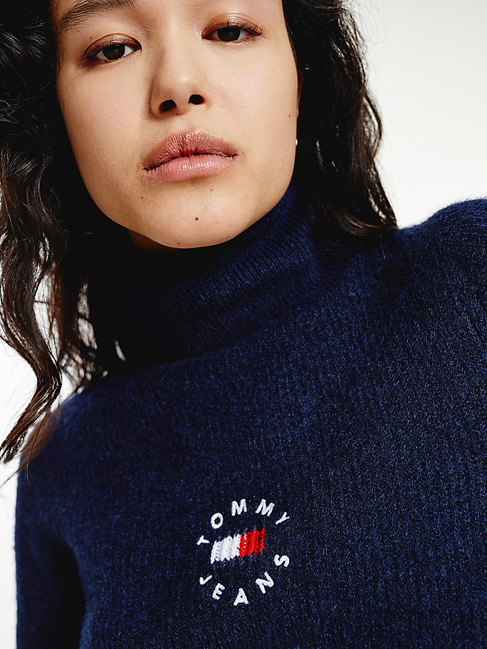 Tommy Hilfiger Logo Embroidery Ribbed Roll Neck Gensere Dame Blå | HXPYRQ-297