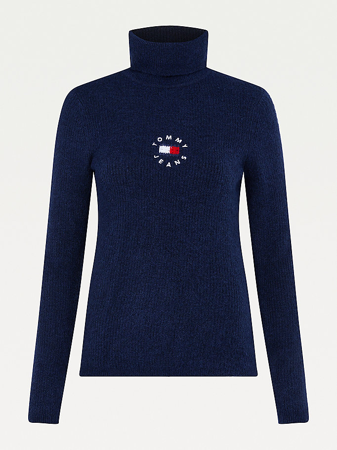 Tommy Hilfiger Logo Embroidery Ribbed Roll Neck Gensere Dame Blå | HXPYRQ-297