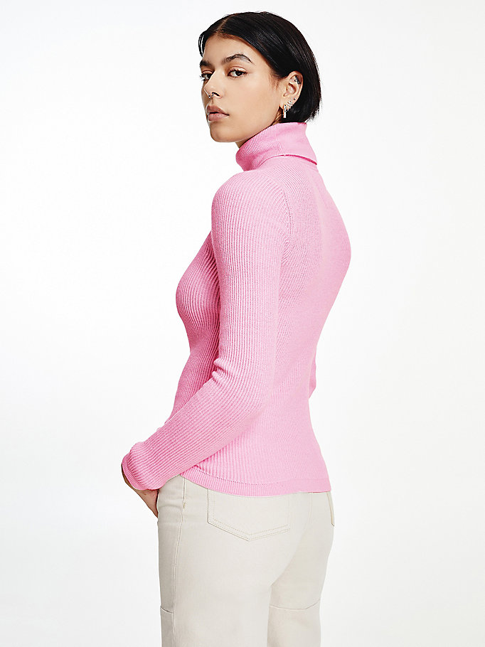 Tommy Hilfiger Logo Embroidery Ribbed Roll Neck Gensere Dame Rosa | MUYCHK-076