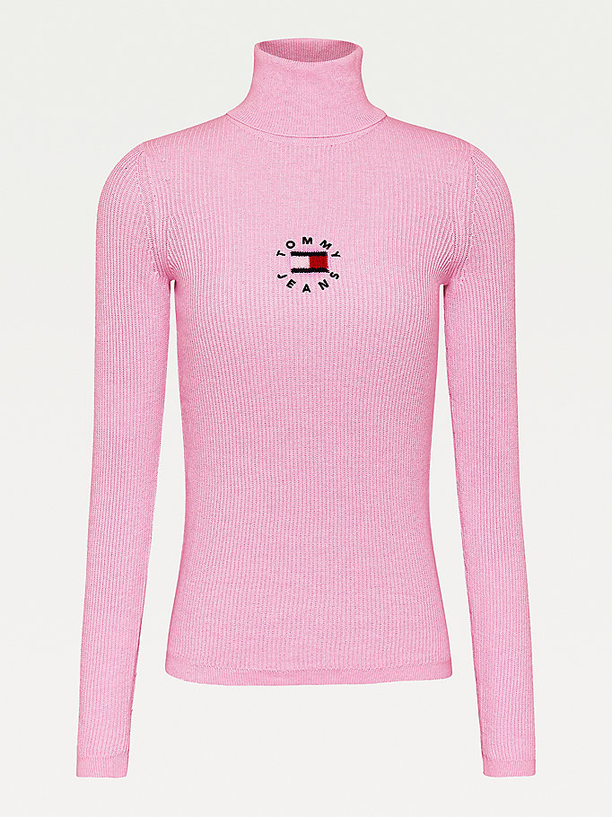 Tommy Hilfiger Logo Embroidery Ribbed Roll Neck Gensere Dame Rosa | MUYCHK-076