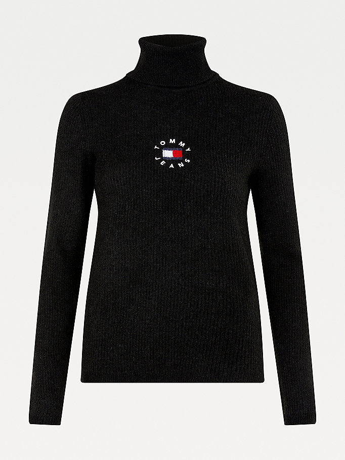 Tommy Hilfiger Logo Embroidery Ribbed Roll Neck Gensere Dame Svarte | QJXUMS-149