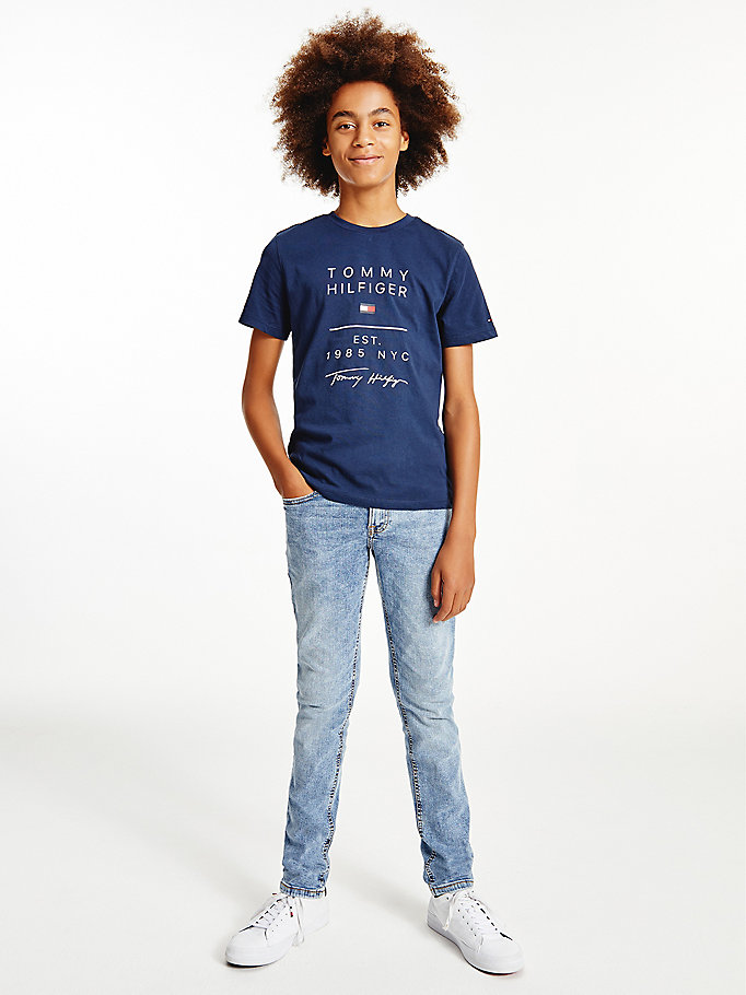 Tommy Hilfiger Logo Organic Bomull T-skjorte Gutt Blå | EBDPLO-871