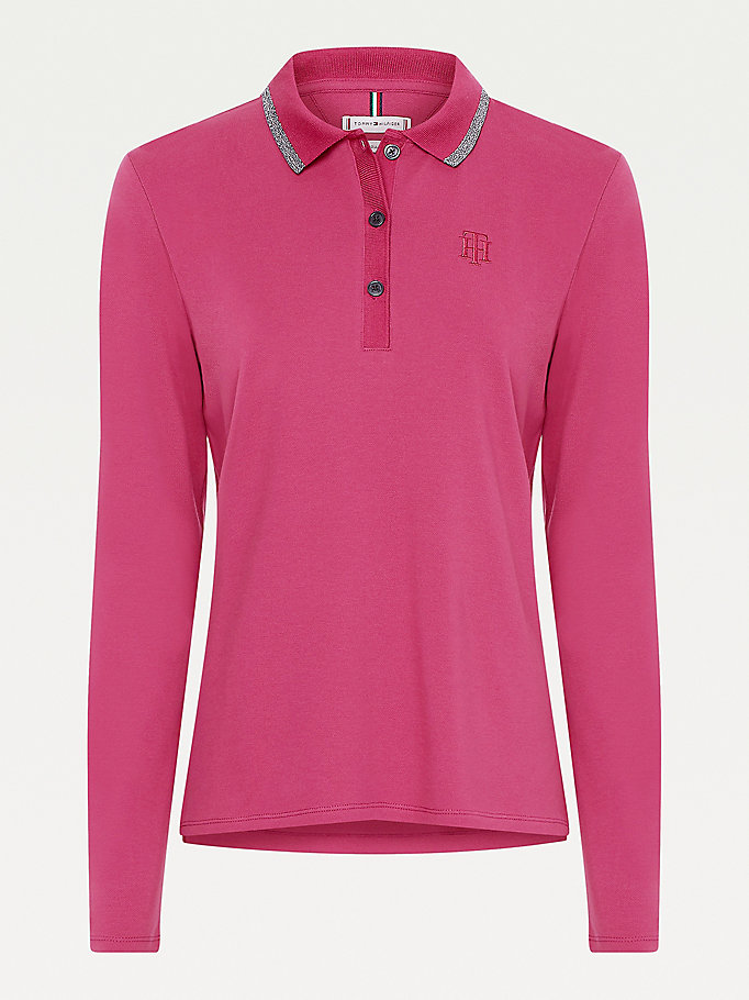 Tommy Hilfiger Long Sleeve Metallic Trim Polo T Skjorte Dame Rød | TLJKFU-406