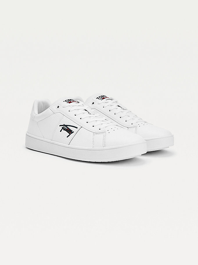 Tommy Hilfiger Lær Cupsole Signature Joggesko Herre Hvite | UCWFOP-140