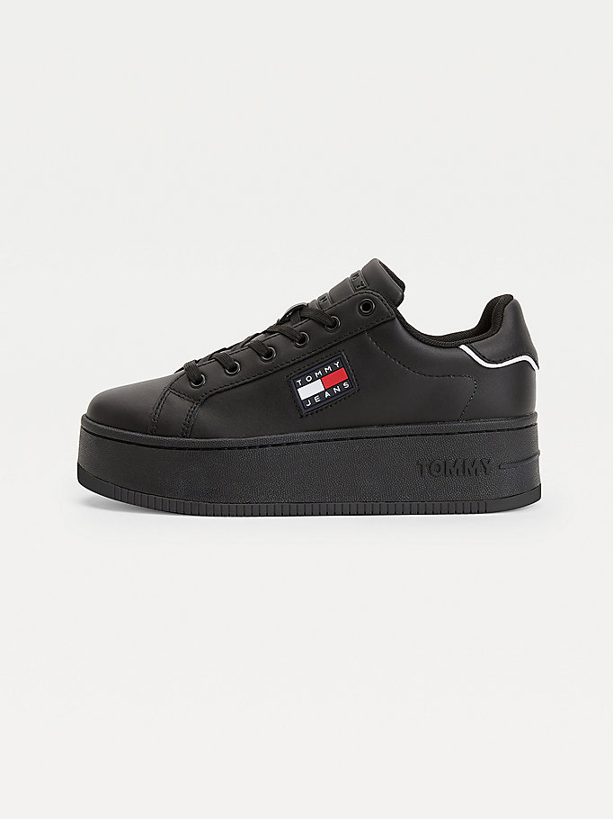 Tommy Hilfiger Lær Flatform Cupsole Joggesko Dame Svarte | OFXNBU-824