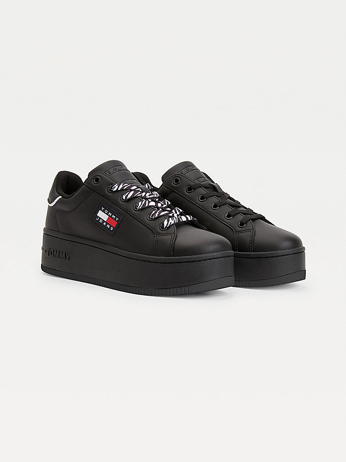 Tommy Hilfiger Lær Flatform Cupsole Joggesko Dame Svarte | OFXNBU-824