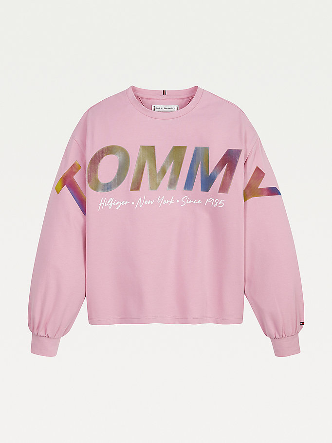 Tommy Hilfiger Metallic Logo Long Sleeve T-skjorte Jente Rosa | JVCUNK-714