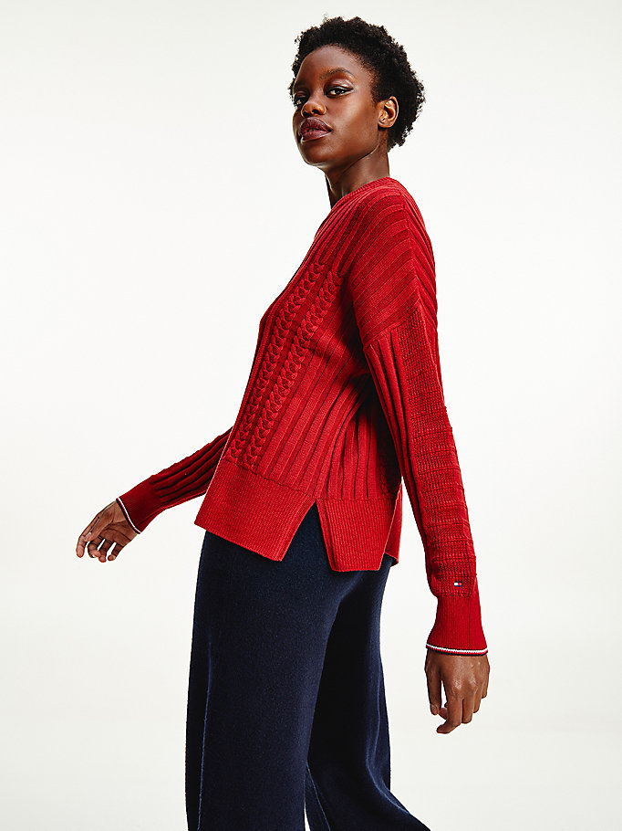 Tommy Hilfiger Mixed Cable Knit Gensere Dame Rød | WFXMAB-601