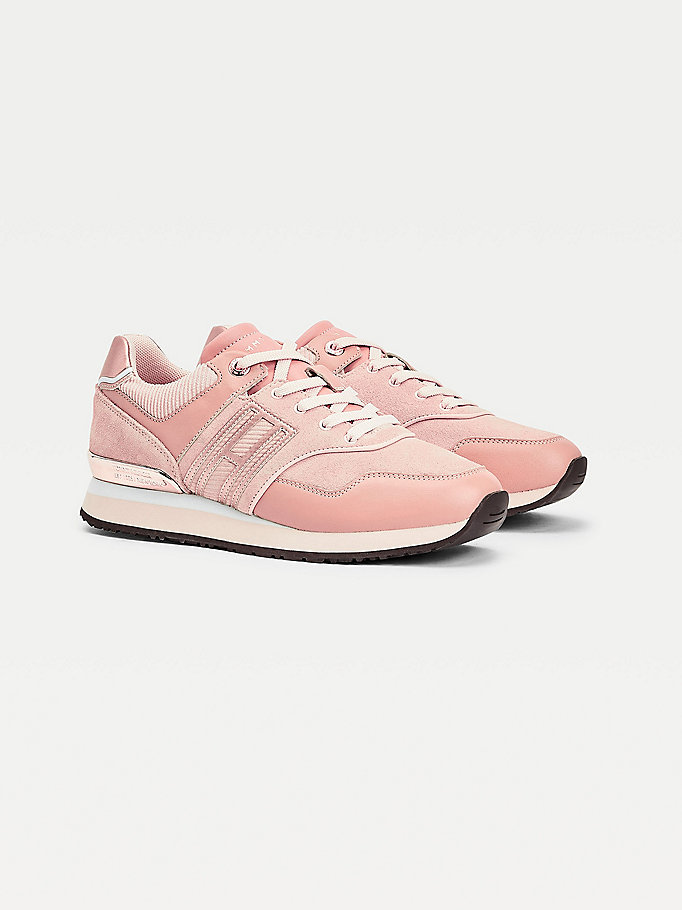 Tommy Hilfiger Mixed Texture Lær Metallic Flag Joggesko Dame Rosa | WDYGFX-154