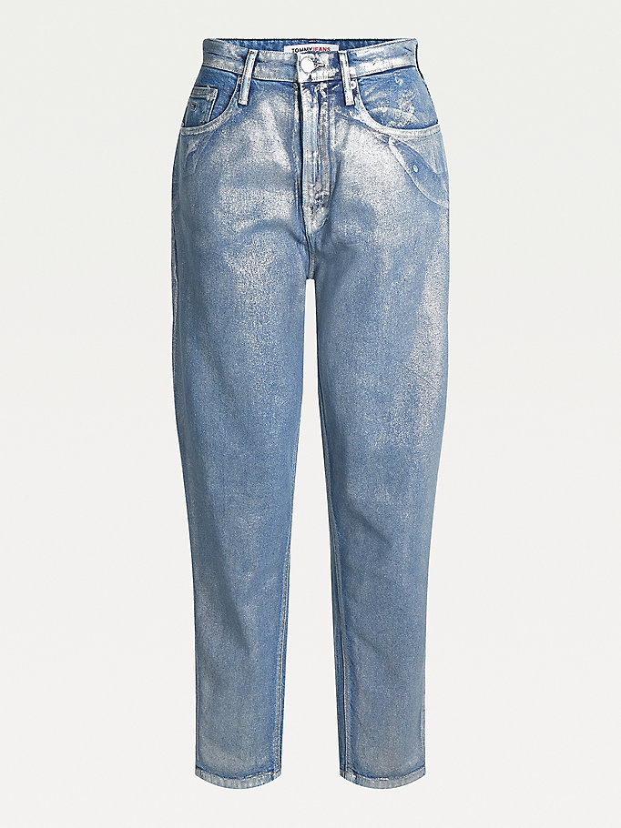 Tommy Hilfiger Mom High Rise Tapered Silver Foil Jeans Dame Blå | NZUOEK-936