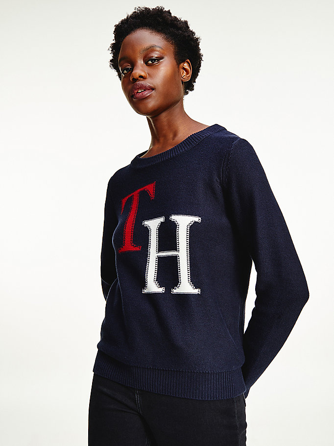 Tommy Hilfiger Monogram Knit Round Neck Gensere Dame Blå | RAFNGJ-529