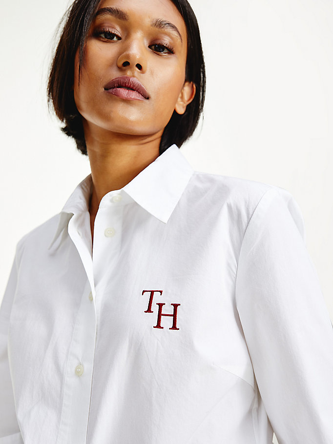 Tommy Hilfiger Monogram Organic Bomull Skjorte Dame Hvite | PJRKNS-046