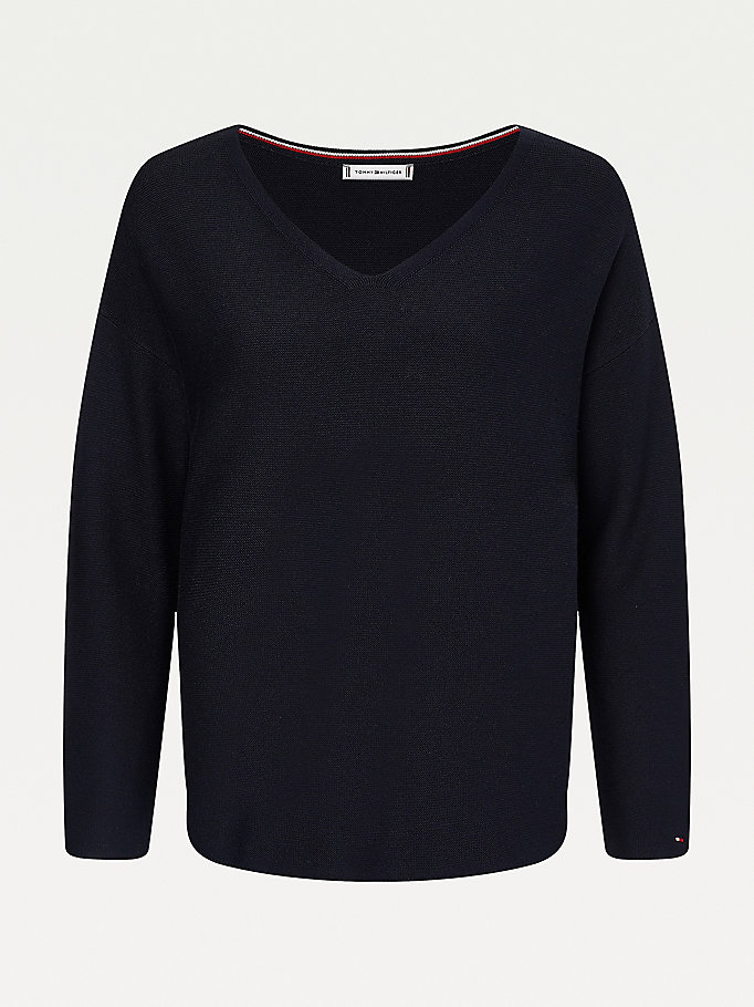 Tommy Hilfiger Organic Bomull Relaxed V-Neck Gensere Dame Blå | DXGEBA-875