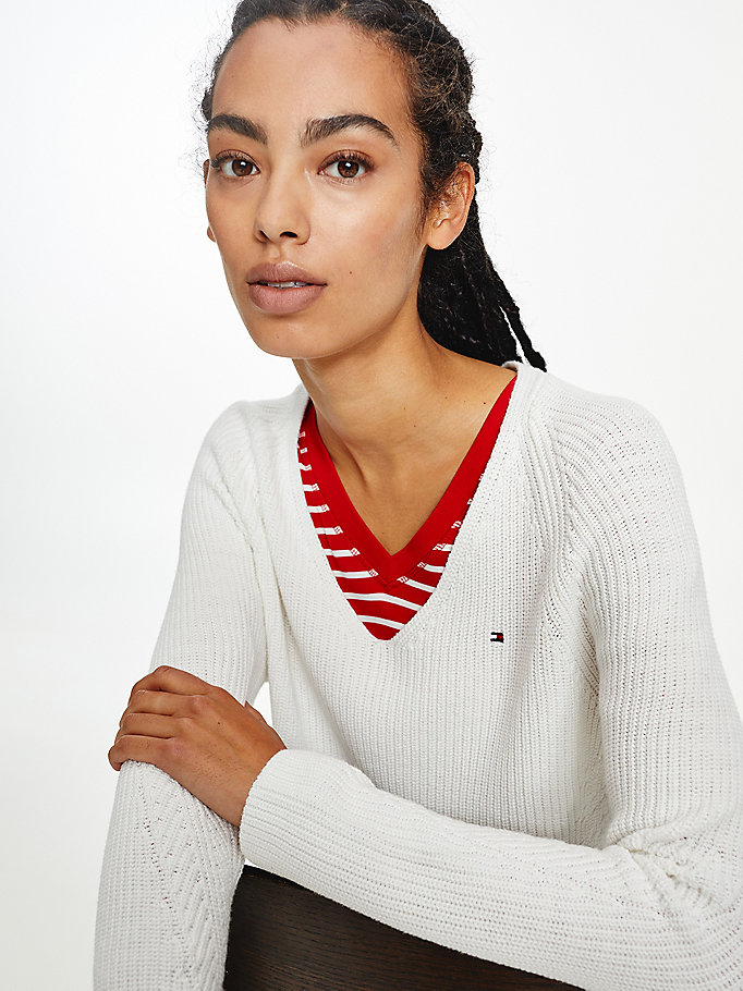 Tommy Hilfiger Organic Bomull V-Neck Gensere Dame Hvite | AFUMGQ-819