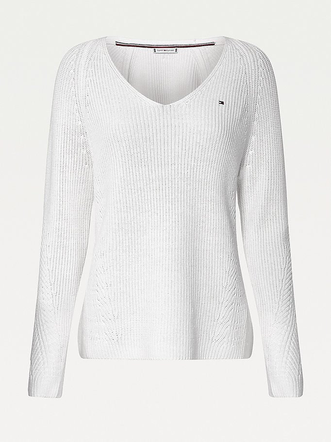 Tommy Hilfiger Organic Bomull V-Neck Gensere Dame Hvite | AFUMGQ-819