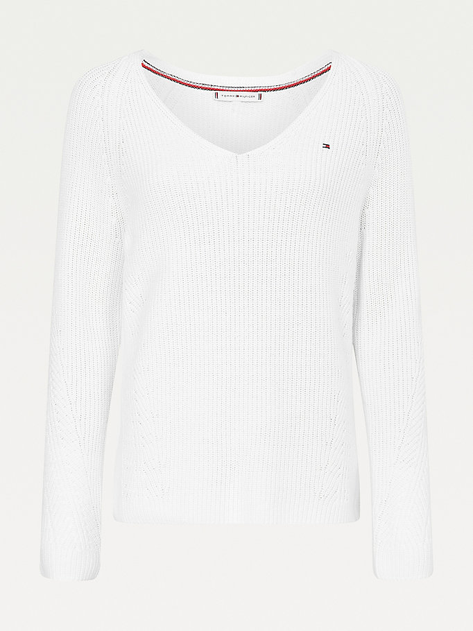 Tommy Hilfiger Organic Bomull V-Neck Gensere Dame Hvite | AFUMGQ-819