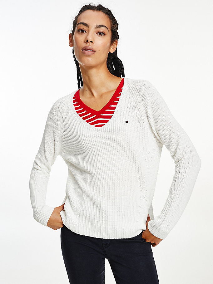 Tommy Hilfiger Organic Bomull V-Neck Gensere Dame Hvite | AFUMGQ-819