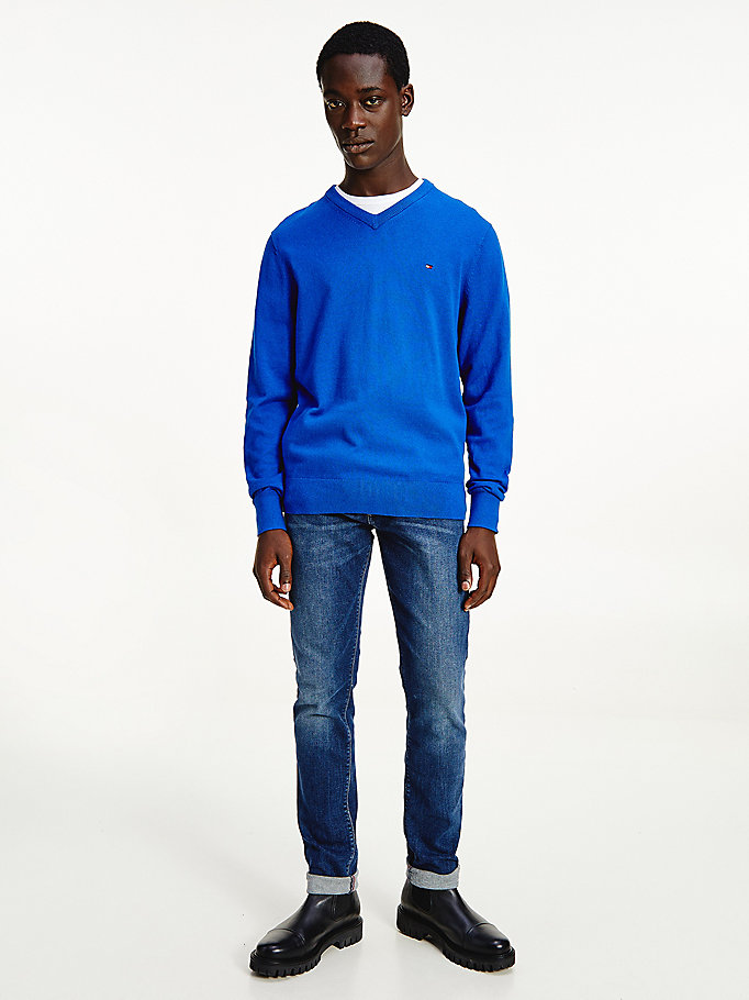 Tommy Hilfiger Pima Bomull Cashmere V-Neck Gensere Herre Blå | MBELTZ-205