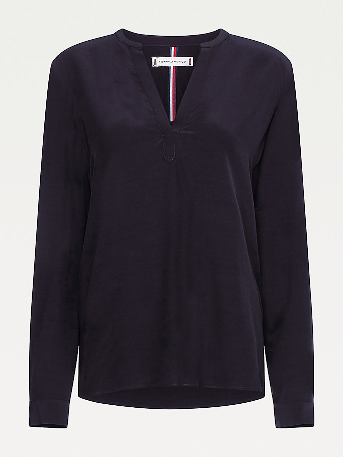 Tommy Hilfiger Regular Fit V-Neck Viscose Skjorte Dame Svarte | TGIUOH-204