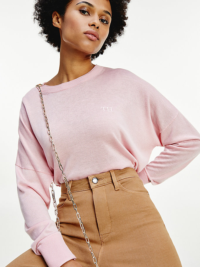 Tommy Hilfiger Relaxed Crew Neck Gensere Dame Rosa | VUXZEN-618