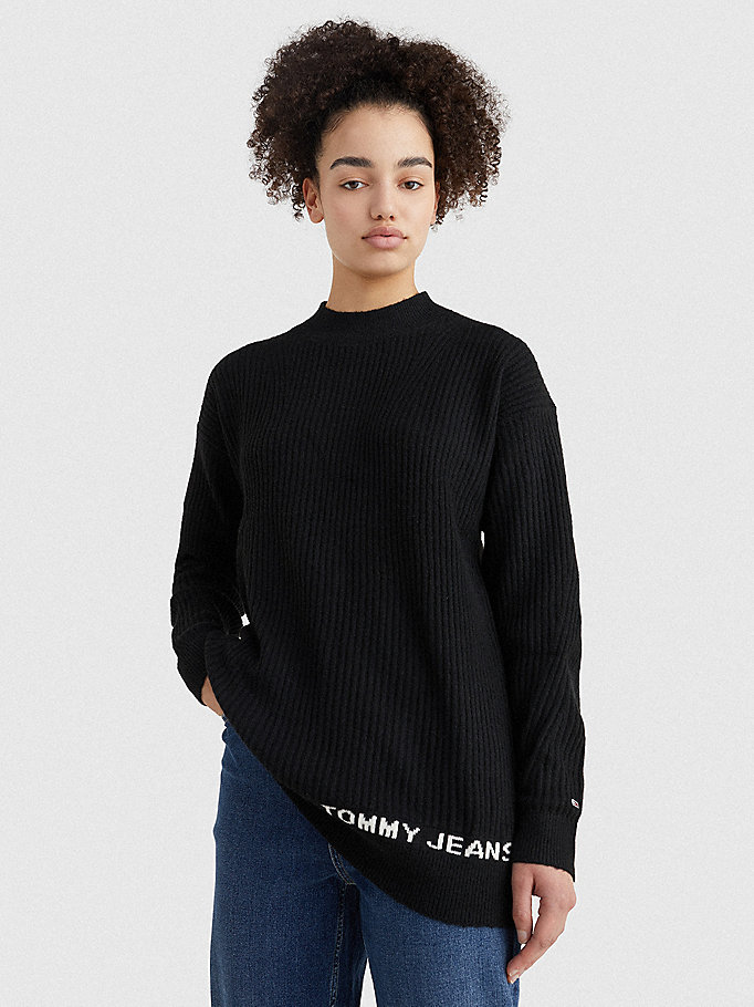 Tommy Hilfiger Rib-Knit Logo Embroidery Gensere Dame Svarte | AHIDWZ-263