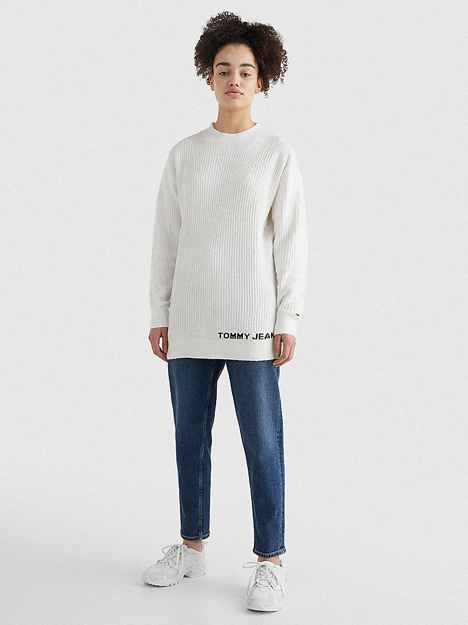 Tommy Hilfiger Rib-Knit Logo Embroidery Gensere Dame Hvite | FOPRIG-913