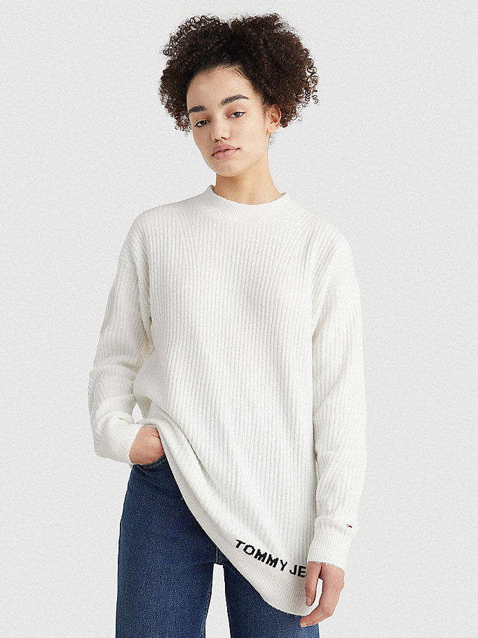 Tommy Hilfiger Rib-Knit Logo Embroidery Gensere Dame Hvite | FOPRIG-913