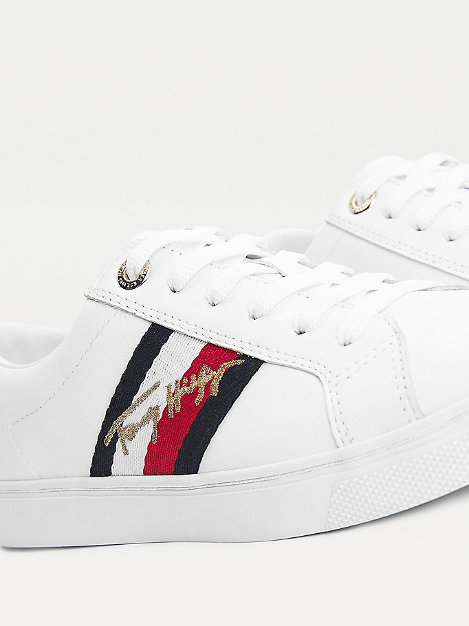 Tommy Hilfiger Signature Cupsole Lær Joggesko Dame Hvite | AIUGZV-896