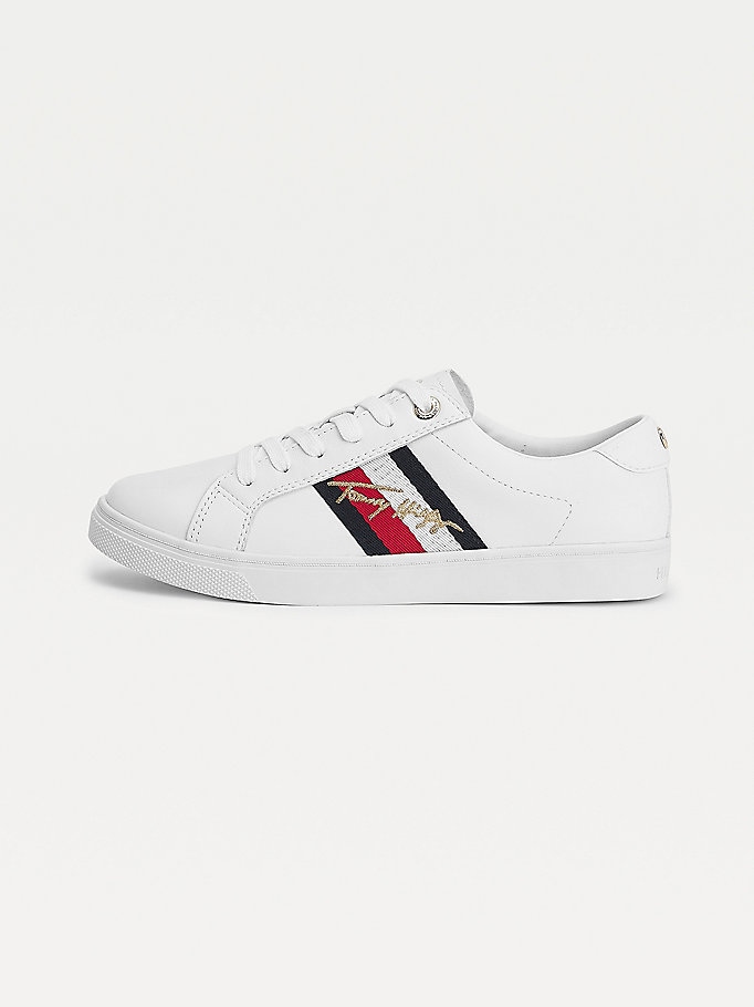 Tommy Hilfiger Signature Cupsole Lær Joggesko Dame Hvite | AIUGZV-896