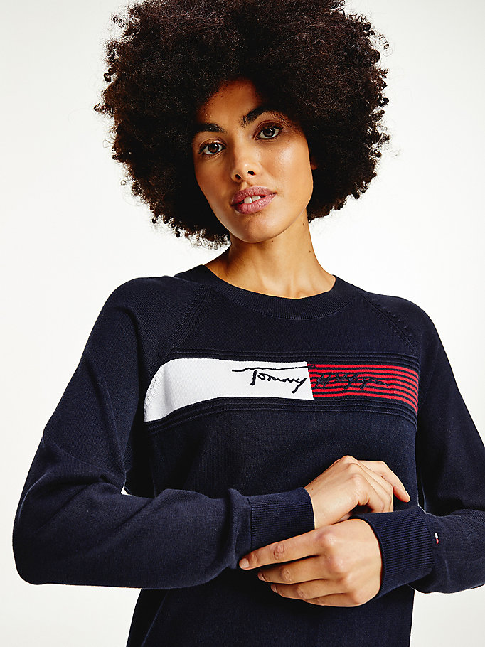 Tommy Hilfiger Signature Logo Embroidery Knit Kjoler Dame Blå | NSCEVZ-597