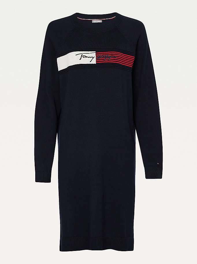 Tommy Hilfiger Signature Logo Embroidery Knit Kjoler Dame Blå | NSCEVZ-597