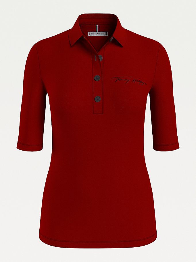 Tommy Hilfiger Signature Logo Half-Sleeve Slim Fit Polo T Skjorte Dame Rød | AJNZRU-619