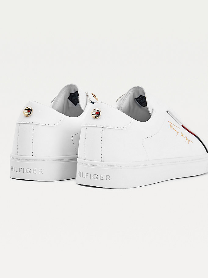 Tommy Hilfiger Signature Logo Lær Joggesko Dame Hvite | LBDRCX-518