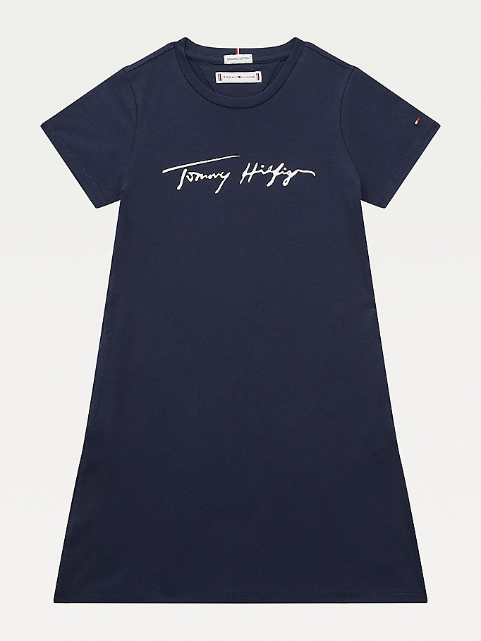 Tommy Hilfiger Signature Logo Organic Bomull Kjoler Jente Blå | IGBYEQ-619