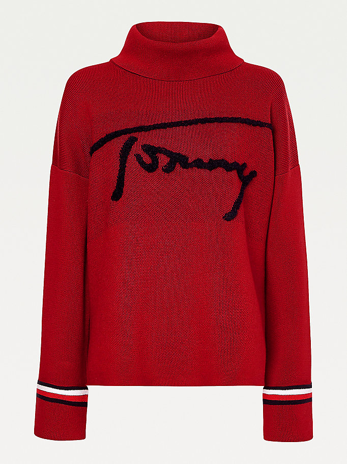 Tommy Hilfiger Signature Logo Roll Neck Gensere Dame Rød | RKPMWL-026