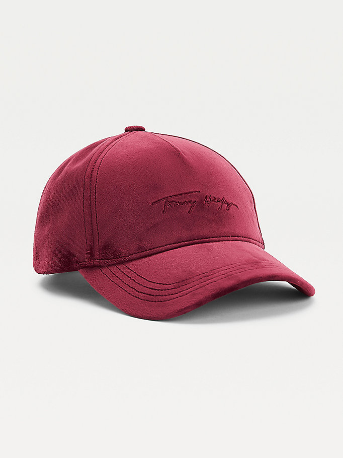 Tommy Hilfiger Signature Logo Velvet Hatt Dame Rød | PDCOSN-581