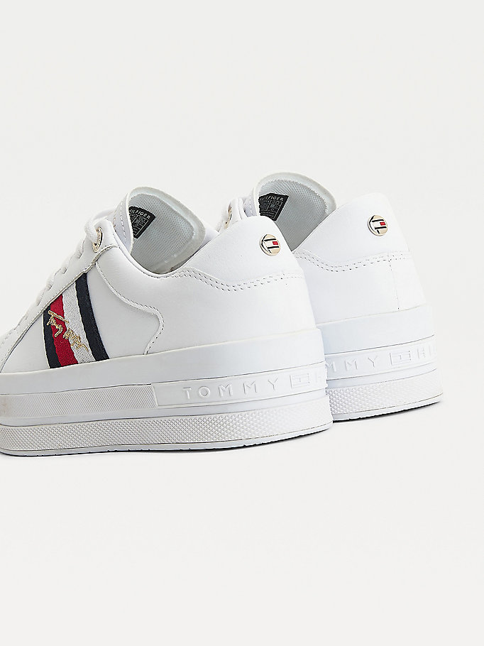 Tommy Hilfiger Signature Lær Flatform Cupsole Joggesko Dame Hvite | EDNZWP-483