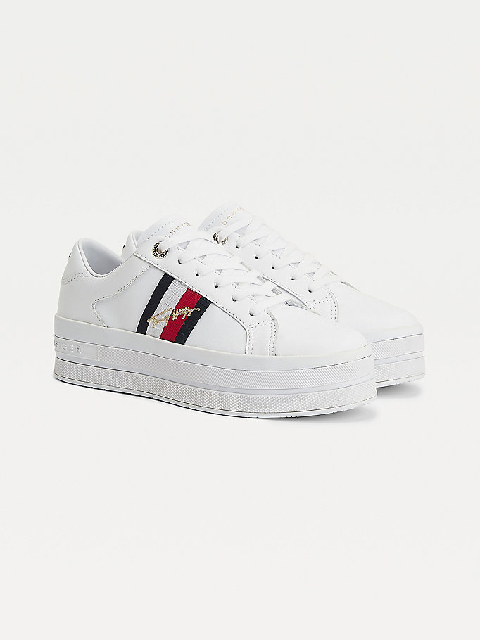 Tommy Hilfiger Signature Lær Flatform Cupsole Joggesko Dame Hvite | EDNZWP-483