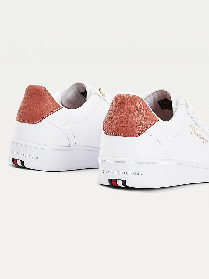 Tommy Hilfiger Signature Lær Joggesko Dame Hvite | HYQJKL-308