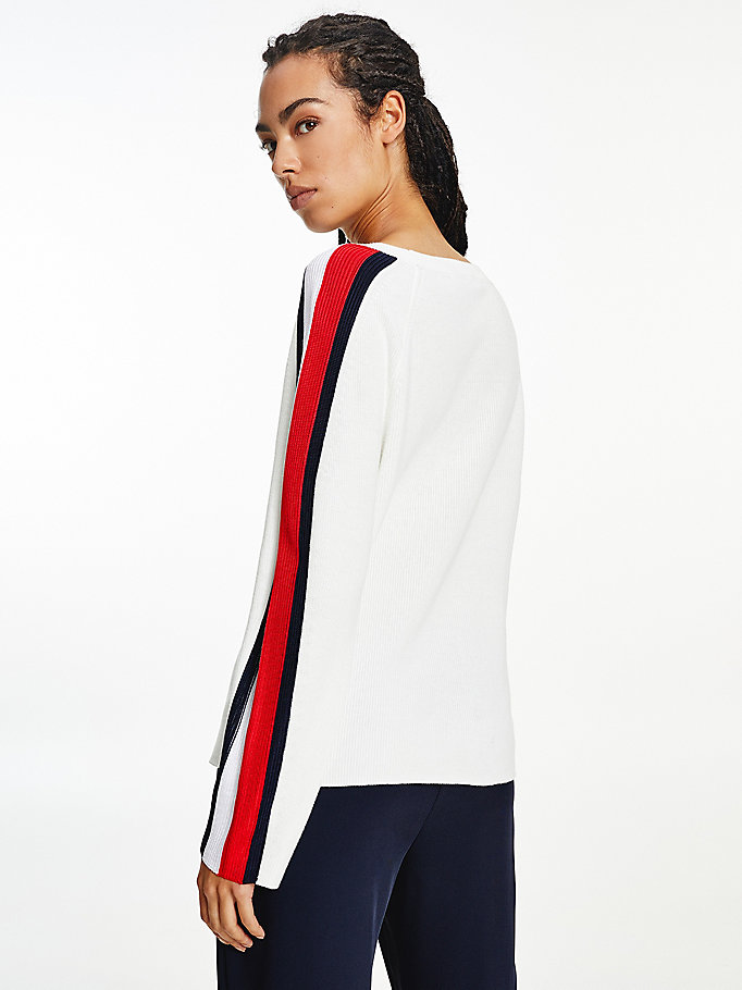 Tommy Hilfiger Signature Sleeve Round Neck Gensere Dame Hvite | NCFUSW-273