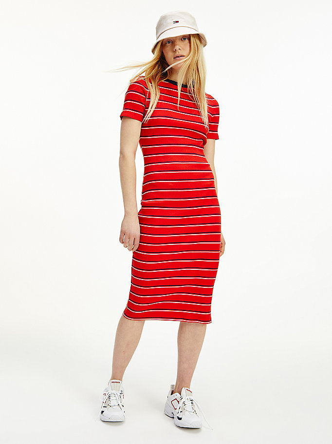 Tommy Hilfiger Stripe Bodycon Midi Kjoler Dame Rød | TSRPLI-869