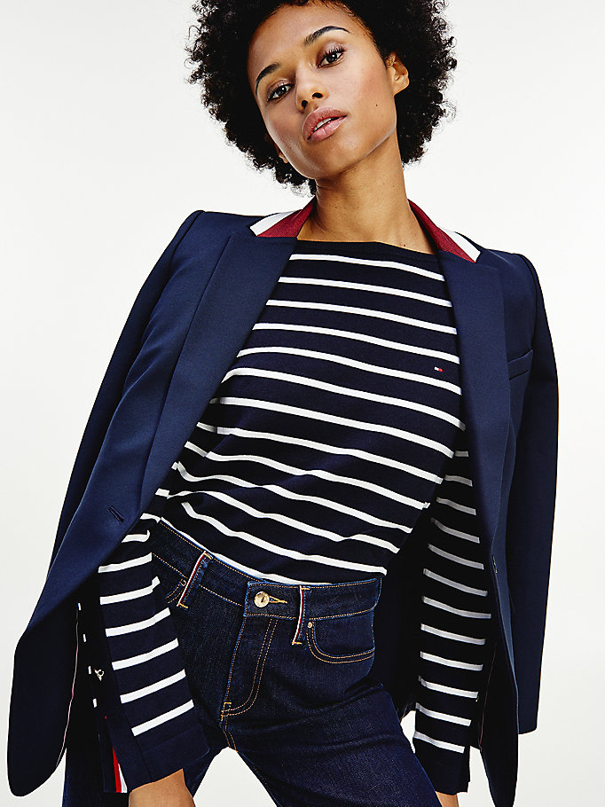 Tommy Hilfiger Stripe Båt Neck Button Gensere Dame Blå | PHQFDG-176