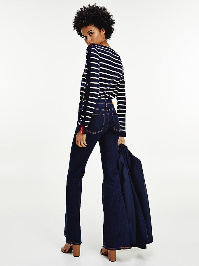 Tommy Hilfiger Stripe Båt Neck Button Gensere Dame Blå | PHQFDG-176