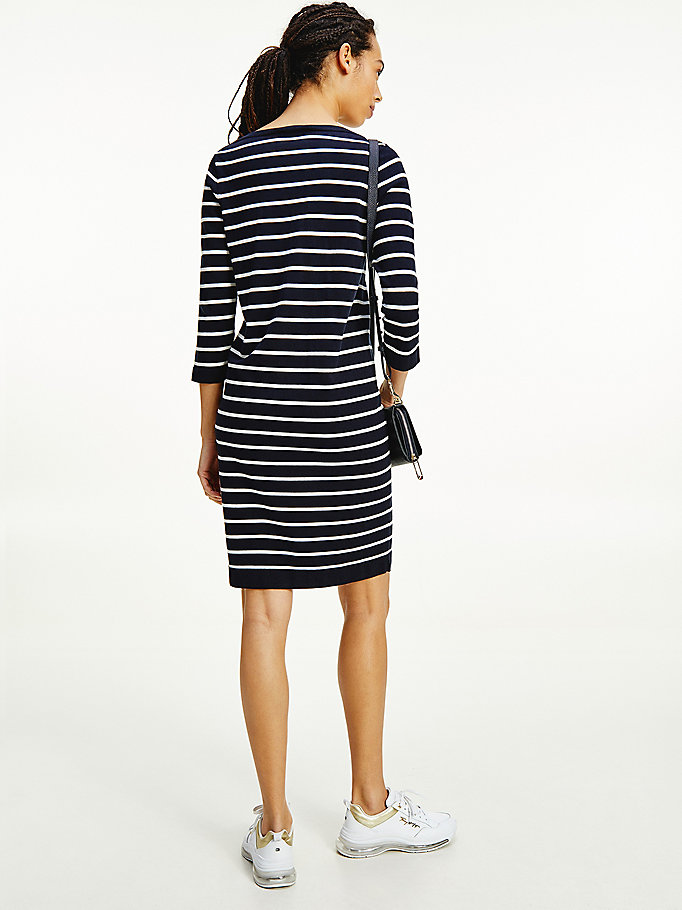 Tommy Hilfiger Stripe Båt Neck Knee Length Kjoler Dame Blå | QFEVMK-097