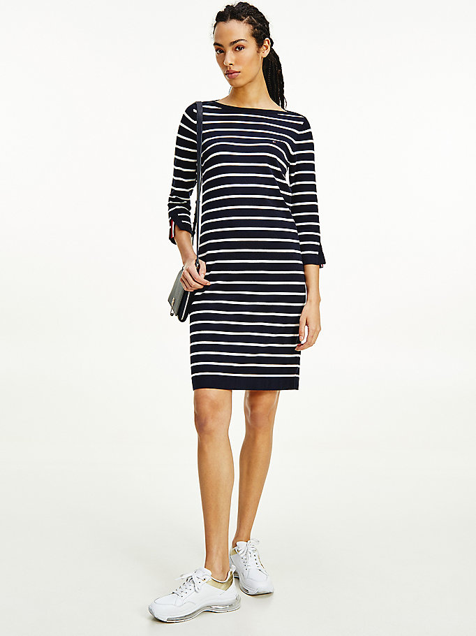 Tommy Hilfiger Stripe Båt Neck Knee Length Kjoler Dame Blå | QFEVMK-097