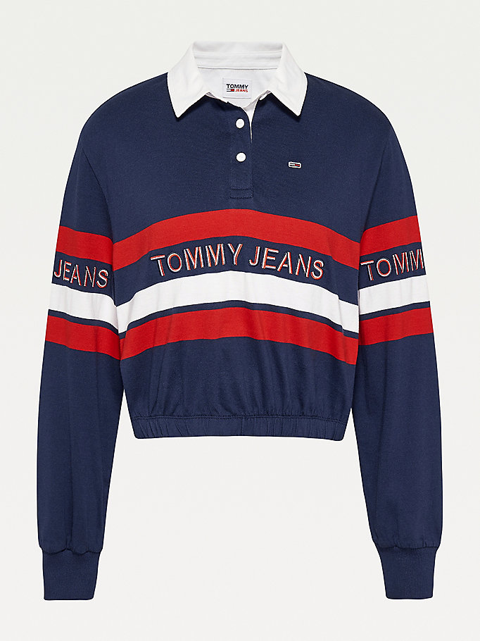 Tommy Hilfiger Stripe Cropped Rugby Polo T Skjorte Dame Blå | RDACFM-598