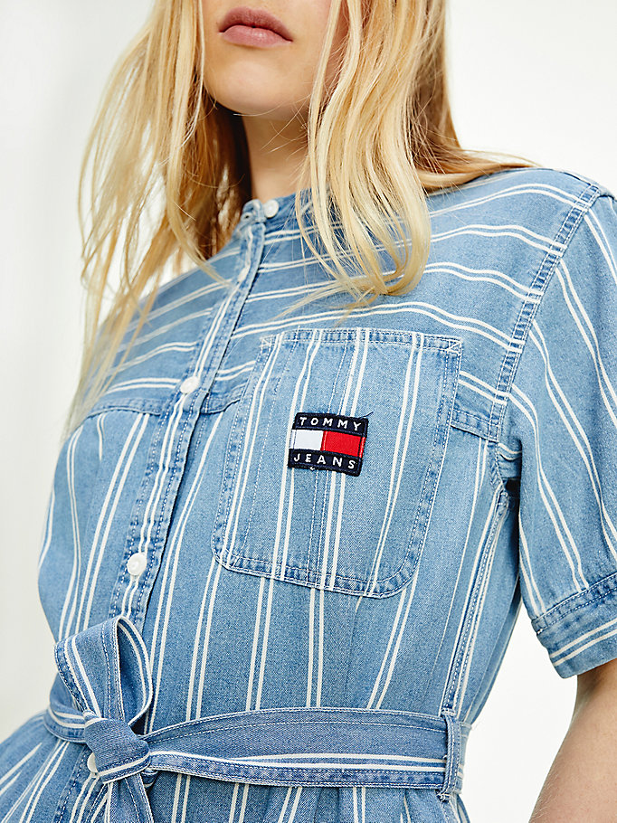 Tommy Hilfiger Stripe Denim Kjoler Dame Blå | QJHBXL-703