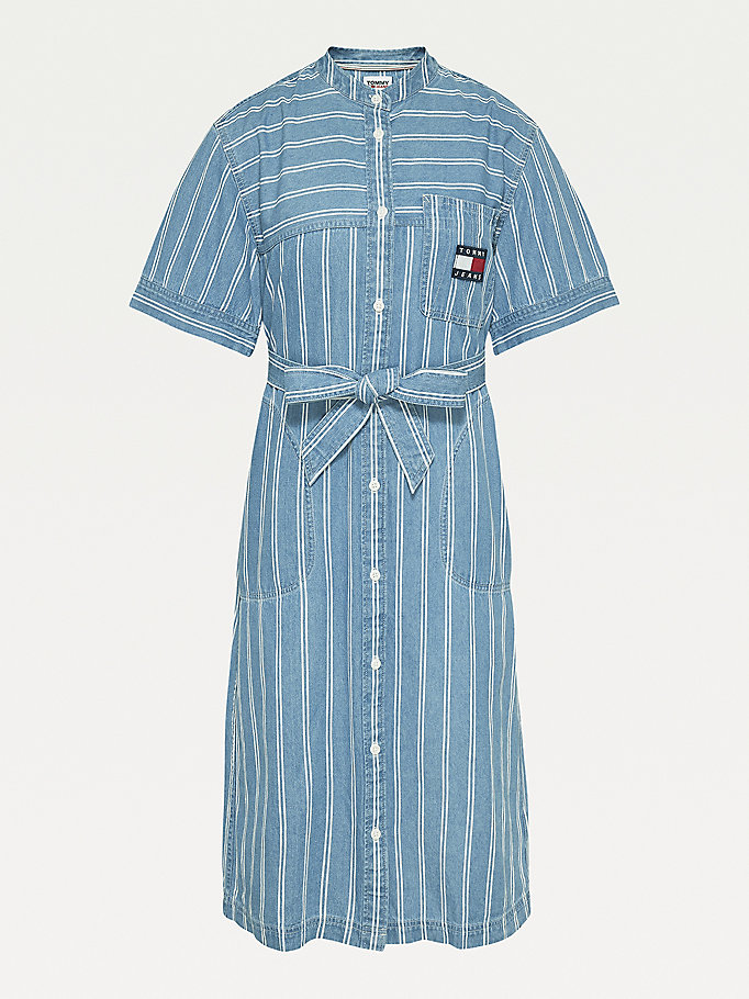 Tommy Hilfiger Stripe Denim Kjoler Dame Blå | QJHBXL-703