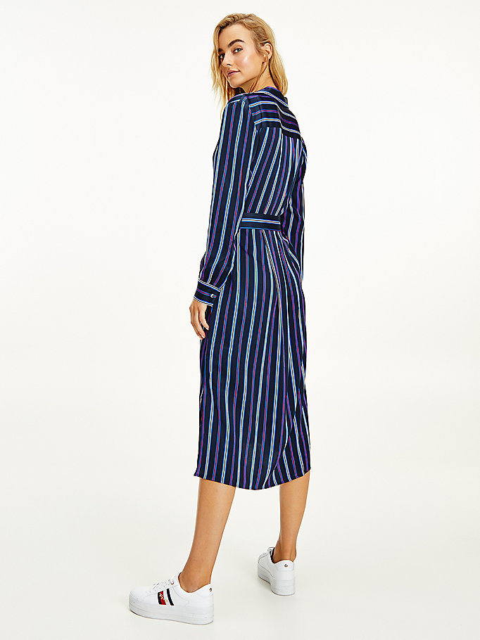 Tommy Hilfiger Stripe Viscose Sateen Midi Kjoler Dame Blå | YBJONI-052